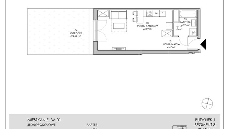 Rzut - Mieszkanie na sprzedaż 1 pokój o powierzchni 32,85 m² - numer 3A.01 w Skwer Harmonia II