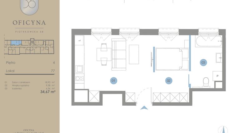 Rzut - Mieszkanie na sprzedaż 1 pokój o powierzchni 34,67 m² - numer 77 w Oficyna