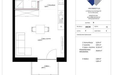 Rzut - Mieszkanie na sprzedaż 1 pokój o powierzchni 28,69 m² - numer 10D/28 w Jasielska 8C etap II