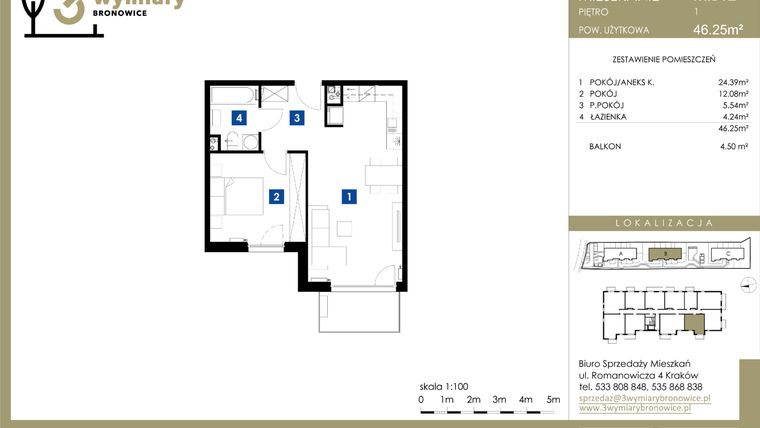 Rzut - Mieszkanie na sprzedaż 2 pokoje o powierzchni 46,25 m² - numer M.B12 w 3 Wymiary Bronowice
