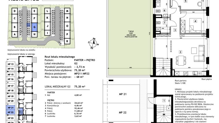 Rzut - Mieszkanie na sprzedaż 3 pokoje o powierzchni 75,2 m² - numer G2 w Złotno Residence