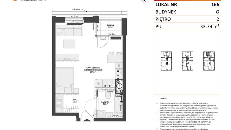 Rzut - Mieszkanie na sprzedaż 1 pokój o powierzchni 33,79 m² - numer G.166 w DOKI etap II (bud. G)