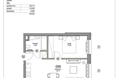 Rzut - Mieszkanie na sprzedaż 2 pokoje o powierzchni 38,28 m² - numer 6 w Rezydencja Liwska 3