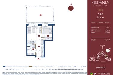 Rzut - Mieszkanie na sprzedaż 2 pokoje o powierzchni 32,01 m² - numer I.B.1.10 w GEDANIA Riverside Living - apartamenty inwestycyjne