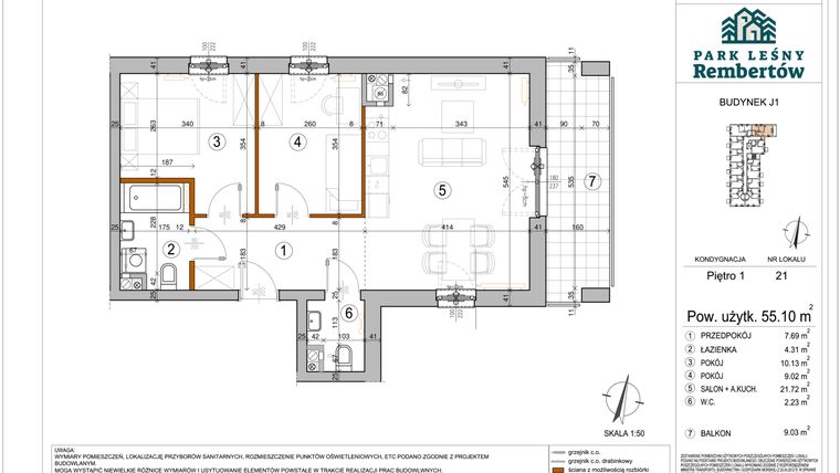 Rzut - Mieszkanie na sprzedaż 3 pokoje o powierzchni 55,1 m² - numer J1-21 w Park Leśny Rembertów etap VIII