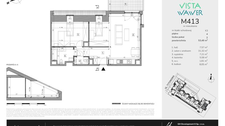 Rzut - Mieszkanie na sprzedaż 2 pokoje o powierzchni 53,49 m² - numer M413 w Vista Wawer