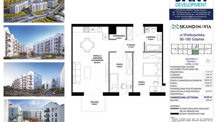 Rzut - Mieszkanie na sprzedaż 3 pokoje o powierzchni 64,06 m² - numer A.2.28 w Skandinavia