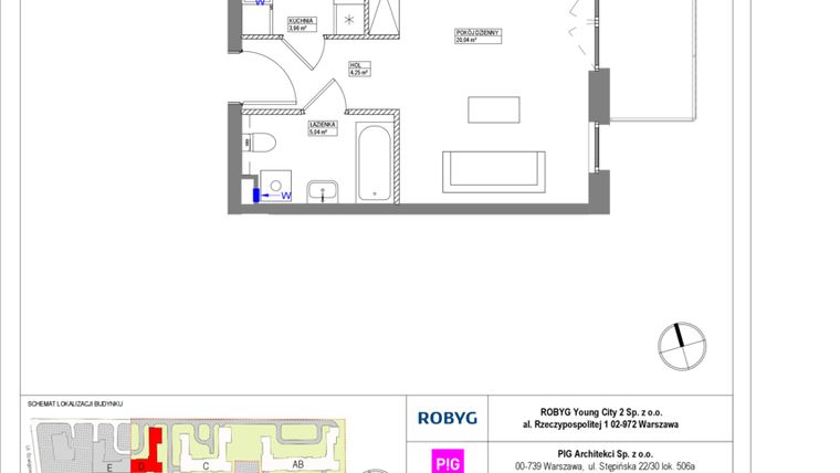 Rzut - Mieszkanie na sprzedaż 1 pokój o powierzchni 33,29 m² - numer MLAD/B/1/5 w Metro Life Apartamenty CD