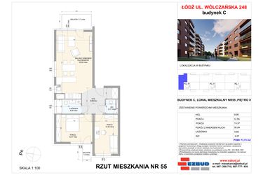Rzut - Mieszkanie na sprzedaż 3 pokoje o powierzchni 74,25 m² - numer C.55 w Wólczańska 248
