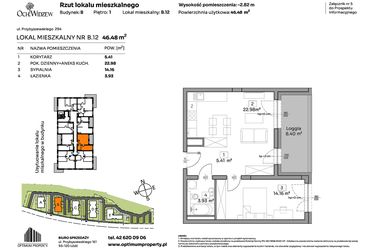 Rzut - Mieszkanie na sprzedaż 2 pokoje o powierzchni 46,48 m² - numer B.12 w Och!Widzew