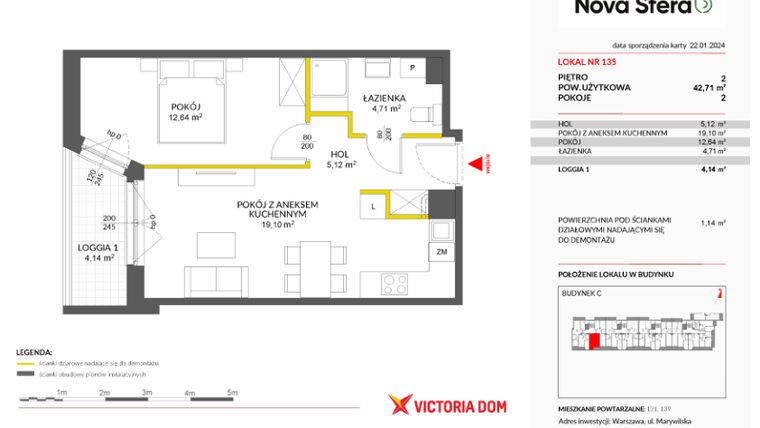 Rzut - Mieszkanie na sprzedaż 2 pokoje o powierzchni 42,71 m² - numer 135 w Miasteczko Nova Sfera 3