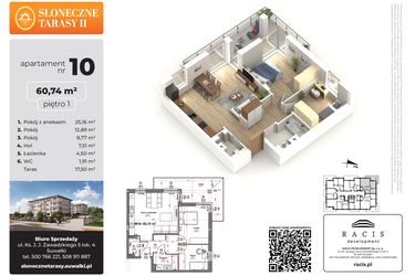 Rzut - Mieszkanie na sprzedaż 3 pokoje o powierzchni 60,74 m² - numer 10 w Słoneczne Tarasy II