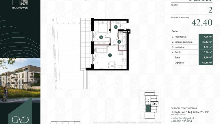 Rzut - Mieszkanie na sprzedaż 2 pokoje o powierzchni 42,4 m² - numer W1/02 w Baranówek