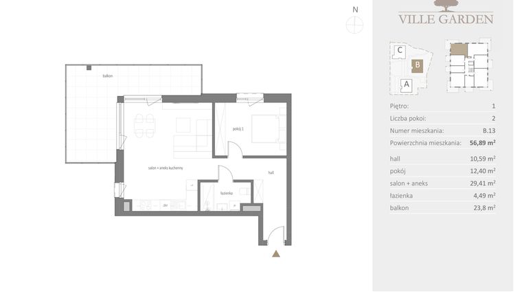 Rzut - Mieszkanie na sprzedaż 2 pokoje o powierzchni 56,89 m² - numer B.13 w Ville Garden