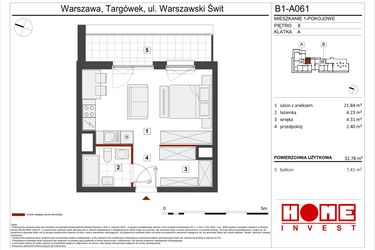 Rzut - Mieszkanie na sprzedaż 1 pokój o powierzchni 32,78 m² - numer B1-A061 w Warszawski Świt etap VIII