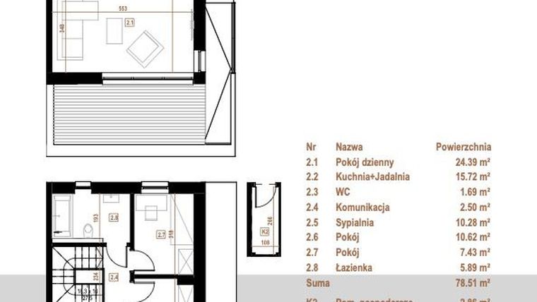 Rzut - Mieszkanie na sprzedaż 5 pokoi o powierzchni 78,51 m² - numer 1.2 w Osiedle Dębowe