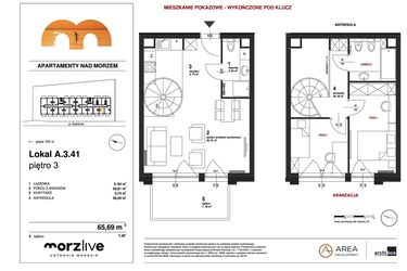 Rzut - Mieszkanie na sprzedaż 3 pokoje o powierzchni 65,69 m² - numer A.3.41 - wykończone pod klucz w Morzlive