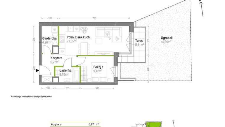 Rzut - Mieszkanie na sprzedaż 2 pokoje o powierzchni 44,76 m² - numer A.A.0.02 w Głębocka Vita