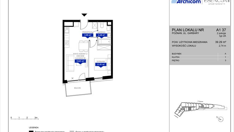 Rzut - Mieszkanie na sprzedaż 2 pokoje o powierzchni 39,29 m² - numer A1.37 w Apartamenty Esencja II