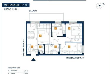 Rzut - Mieszkanie na sprzedaż 3 pokoje o powierzchni 56,75 m² - numer B.1.9 w EcoVista