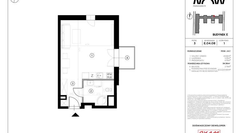 Rzut - Mieszkanie na sprzedaż 1 pokój o powierzchni 34,36 m² - numer E.04.08 w NOW