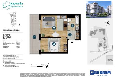 Rzut - Mieszkanie na sprzedaż 2 pokoje o powierzchni 38,61 m² - numer B35 w Kapelanka-Pychowicka Etap III