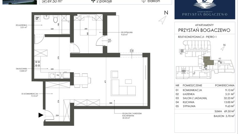 Rzut - Mieszkanie na sprzedaż 2 pokoje o powierzchni 69,5 m² - numer 8 w Przystań Bogaczewo