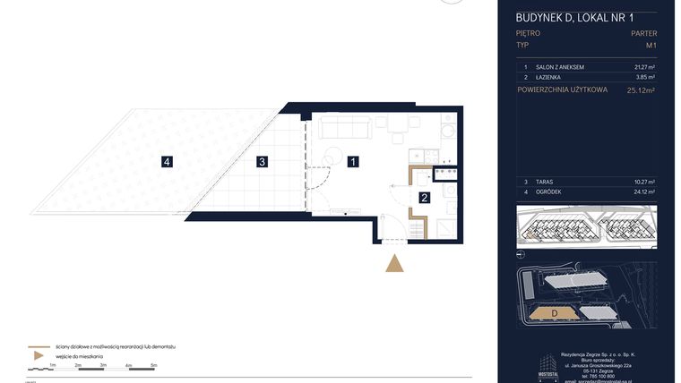 Rzut - Mieszkanie na sprzedaż 1 pokój o powierzchni 25,12 m² - numer D1 w Rezydencja Zegrze etap III