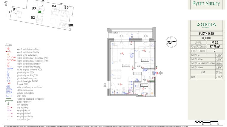 Rzut - Mieszkanie na sprzedaż 2 pokoje o powierzchni 37,78 m² - numer B3M12 w Rytm Natury