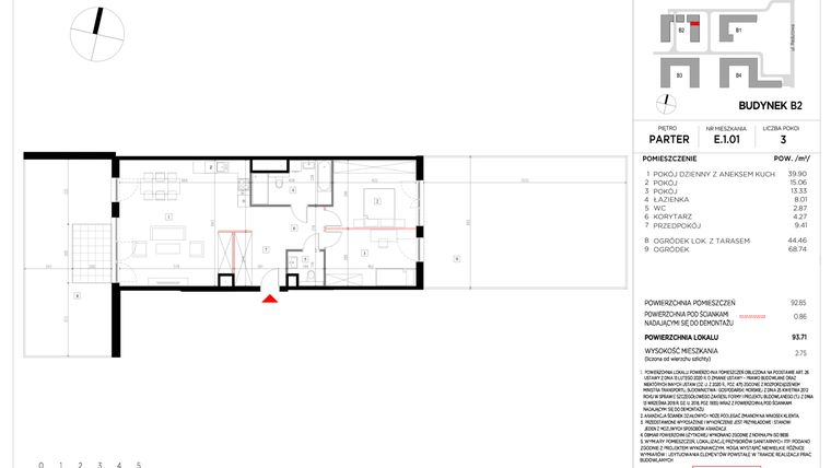 Rzut - Mieszkanie na sprzedaż 3 pokoje o powierzchni 92,85 m² - numer E.1.01 w CityFlow