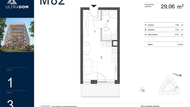 Rzut - Mieszkanie na sprzedaż 1 pokój o powierzchni 29,06 m² - numer M082 w Ultradom