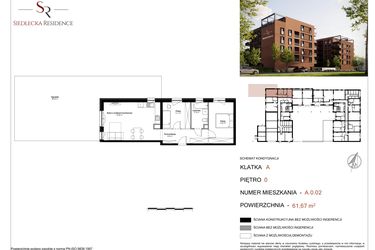 Rzut - Mieszkanie na sprzedaż 3 pokoje o powierzchni 62,56 m² - numer A-0-02 w Siedlecka Residence