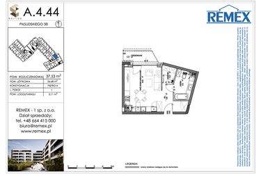Rzut - Mieszkanie na sprzedaż 1 pokój o powierzchni 37,53 m² - numer A.4.44 w Osiedle BALTICA