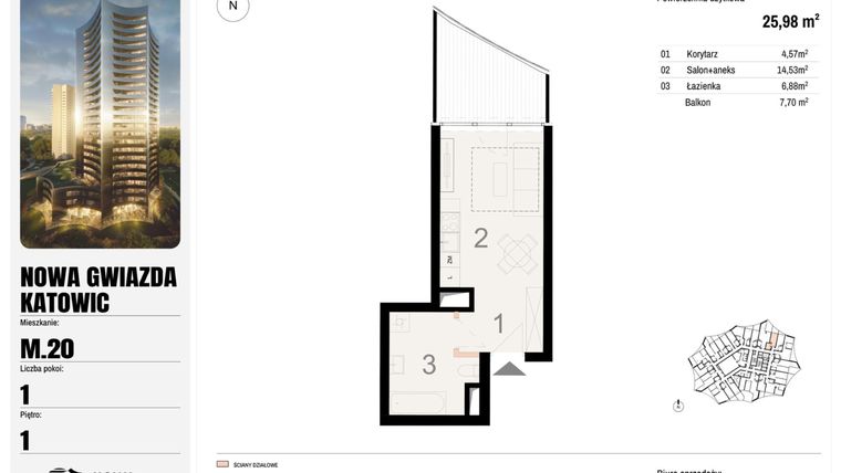 Rzut - Mieszkanie na sprzedaż 1 pokój o powierzchni 25,98 m² - numer M.20 w Nowa Gwiazda