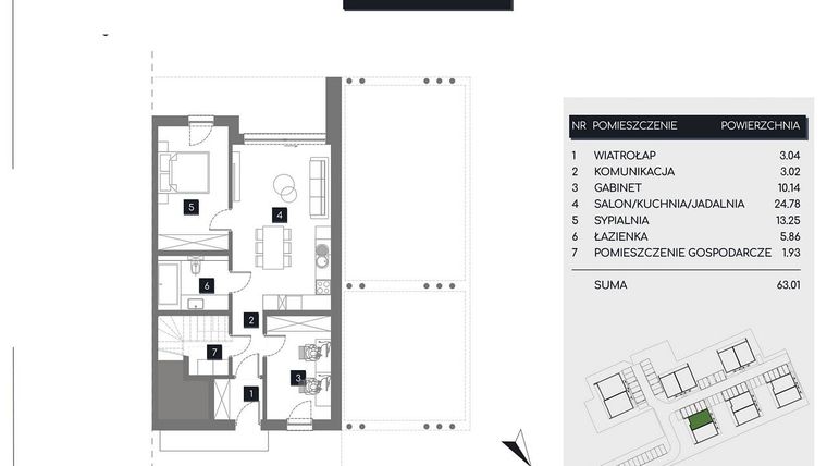 Rzut - Mieszkanie na sprzedaż 3 pokoje o powierzchni 63,02 m² - numer M1A w Rudava Park