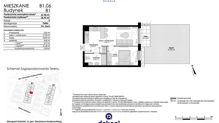 Rzut - Mieszkanie na sprzedaż 2 pokoje o powierzchni 36,96 m² - numer B1.06 w Osiedle Chabrowe