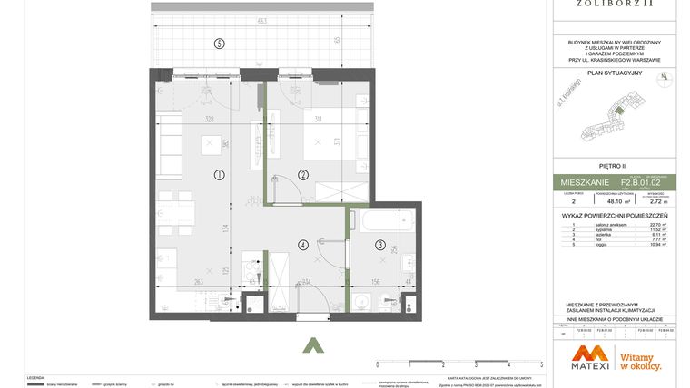 Rzut - Mieszkanie na sprzedaż 2 pokoje o powierzchni 48,1 m² - numer F2.B.02.02 w Sady Żoliborz II
