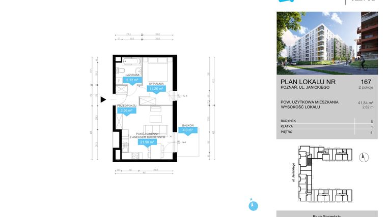 Rzut - Mieszkanie na sprzedaż 2 pokoje o powierzchni 41,84 m² - numer CDEF.167 w Wieża Jeżyce etap II