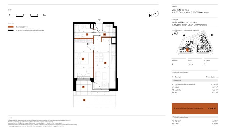 Rzut - Mieszkanie na sprzedaż 2 pokoje o powierzchni 44,76 m² - numer 3 w MY Głębocka