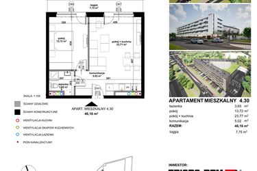 Rzut - Mieszkanie na sprzedaż 2 pokoje o powierzchni 46,11 m² - numer 4.30 w Apartamentowiec Zwycięska 3