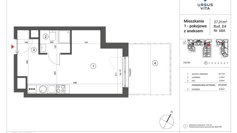 Rzut - Mieszkanie na sprzedaż 1 pokój o powierzchni 27,31 m² - numer D-68A w Ursus Vita - bud. D