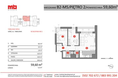 Rzut - Mieszkanie na sprzedaż 3 pokoje o powierzchni 59,6 m² - numer B2-M5 w Tabelowa NOVA