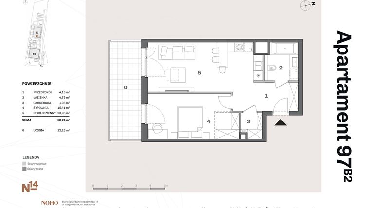 Rzut - Mieszkanie na sprzedaż 2 pokoje o powierzchni 50,66 m² - numer B2.97 w Nadgórników 14