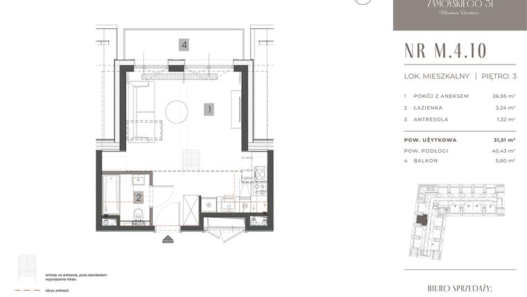 Rzut - Mieszkanie na sprzedaż 1 pokój o powierzchni 31,51 m² - numer M.4.10 w Zamoyskiego 31