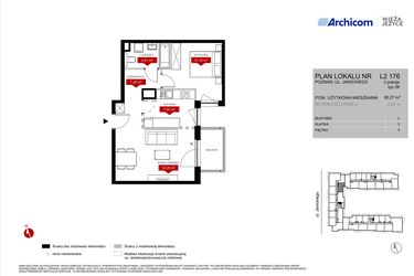 Rzut - Mieszkanie na sprzedaż 2 pokoje o powierzchni 50,27 m² - numer L2.176 w Wieża Jeżyce etap VI