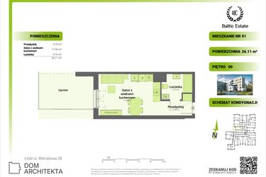 Rzut - Mieszkanie na sprzedaż 1 pokój o powierzchni 26,11 m² - numer 00.M.01 w Dom Architekta