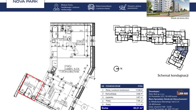 Rzut - Mieszkanie na sprzedaż 3 pokoje o powierzchni 39,24 m² - numer 85B w Nova Park etap II