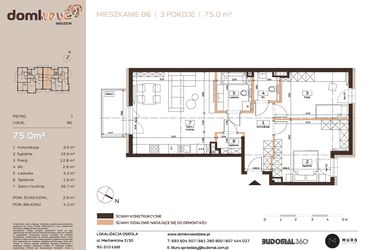 Rzut - Mieszkanie na sprzedaż 3 pokoje o powierzchni 75 m² - numer B6 w Domkove Widzew