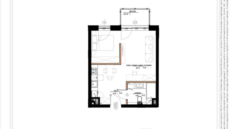 Rzut - Mieszkanie na sprzedaż 2 pokoje o powierzchni 39,33 m² - numer B.3.95 w Daszyńskiego Square etap 1