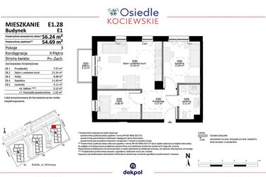 Rzut - Mieszkanie na sprzedaż 3 pokoje o powierzchni 54,69 m² - numer E1.28 w Osiedle Kociewskie bud. E